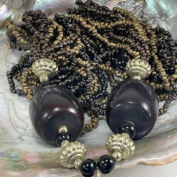 Resin Shell Inlay Oval Pendant and Beaded Necklace Brown Tan Gold Tone Chunky - Picture 13 of 16